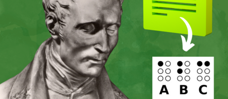 Büste von Louis Braille, daneben ein dreidimensionales PDF Dokument mit Pfeil auf die in Braille dargestellten Buchstaben A bis F.