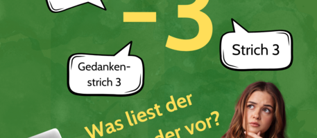 In der Mitte groß die Zahl −3, seitlich davon eine fragend blickende Frau, die auf die Zahl schaut. Rund um die Zahl befinden sich Sprechblasen mit folgenden Inschriften: minus 3, waagrechter Strich 3, Bindestrich 3, Strich 3, Gedankenstrich 3. Am unteren Bildrand befindet sich ein aufgeklapptes Notebook mit dem Text “Was liest der Screenreader vor?”