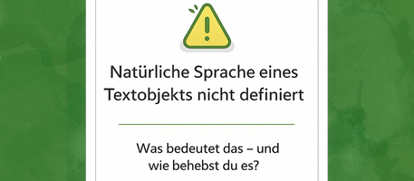 Karte mit grünem Label „PAC-Fehler“. Darunter ein Warnsymbol und der Text: „Natürliche Sprache eines Textobjekts nicht definiert“. Unter einem Trennstricht steht: „Was bedeutet das – und wie behebst du es?“