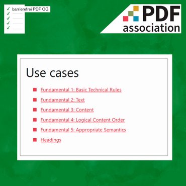 Logos Barrierefrei PDF OG und PDF Association, darunter Bildschirmfoto der Liste aller veröffentlichten PDF Techniken