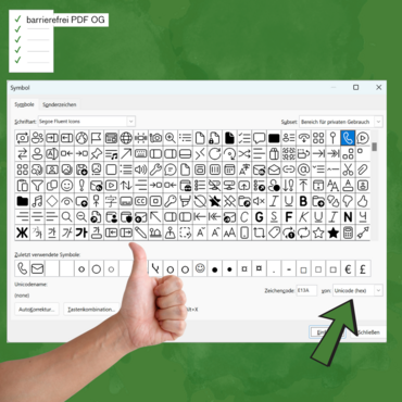Bildschirmfoto des Fensters Symbole mit Pfeil auf den Unicode des markierten Symbols und eine Hand davor mit "Daumen hoch"