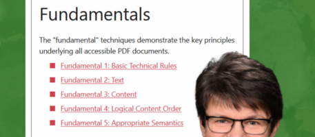 Logo der PDF Association, Textausschnitt von der Webseite über die “Fundamentals” der PDF-Techniken und ein Foto von Birgit Peböck, der Gründerin der Barrierefrei PDF OG