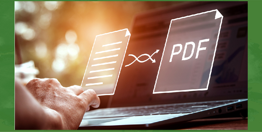 Projektion vor einem Laptop: Dokumentseite Pfeile zeigen davon weg zu einer PDF Seite